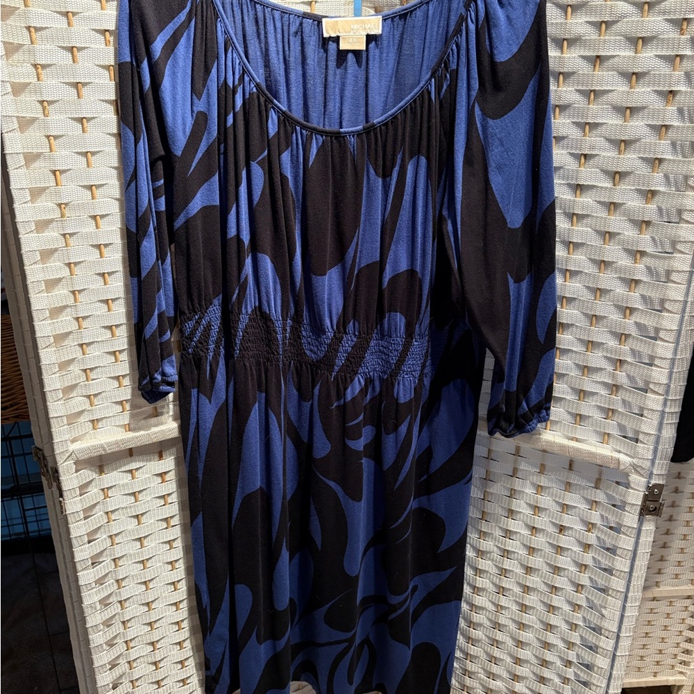 Michael Kors Elegant Blue and Black Long Sleeve Dress 2X cotton/ modal, smocking